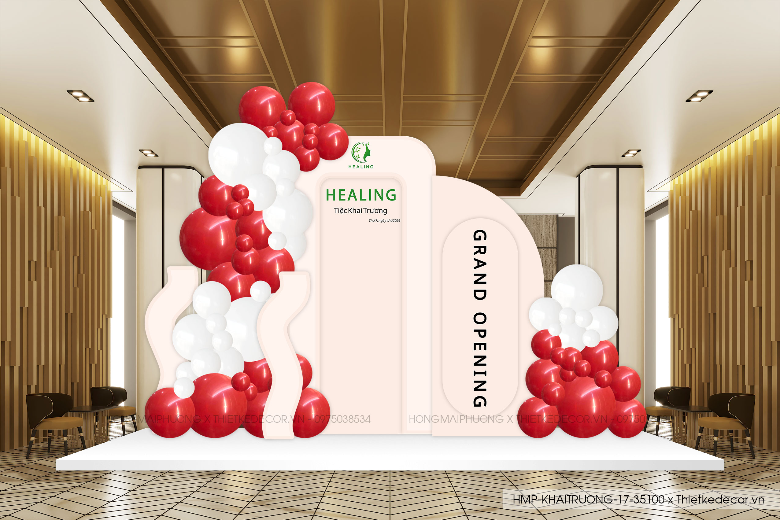 File thiết kế decor- trang trí background khai trương mix bóng tinh giản sang trọng